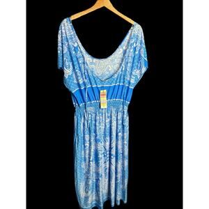 Young USA Blue Paisley Midi Dress Boho Summer Casual Stretch Scoop Neck NWT